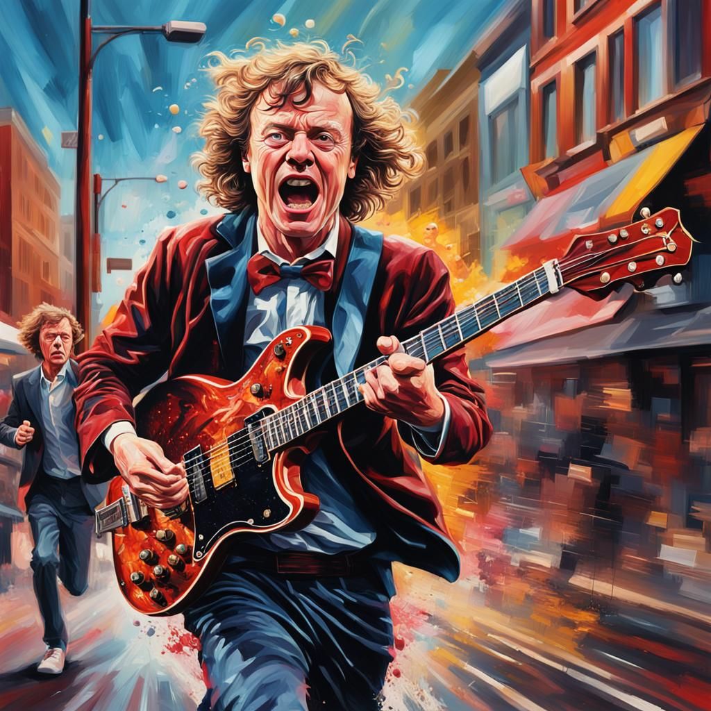 Hyperrealistic Angus Young Runs in Colorful Street