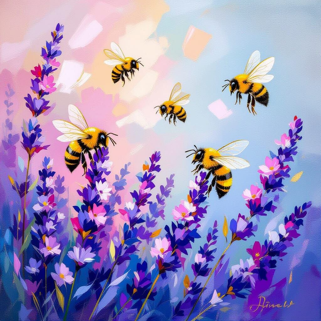 Bees on Lavender in Impressionistic Style