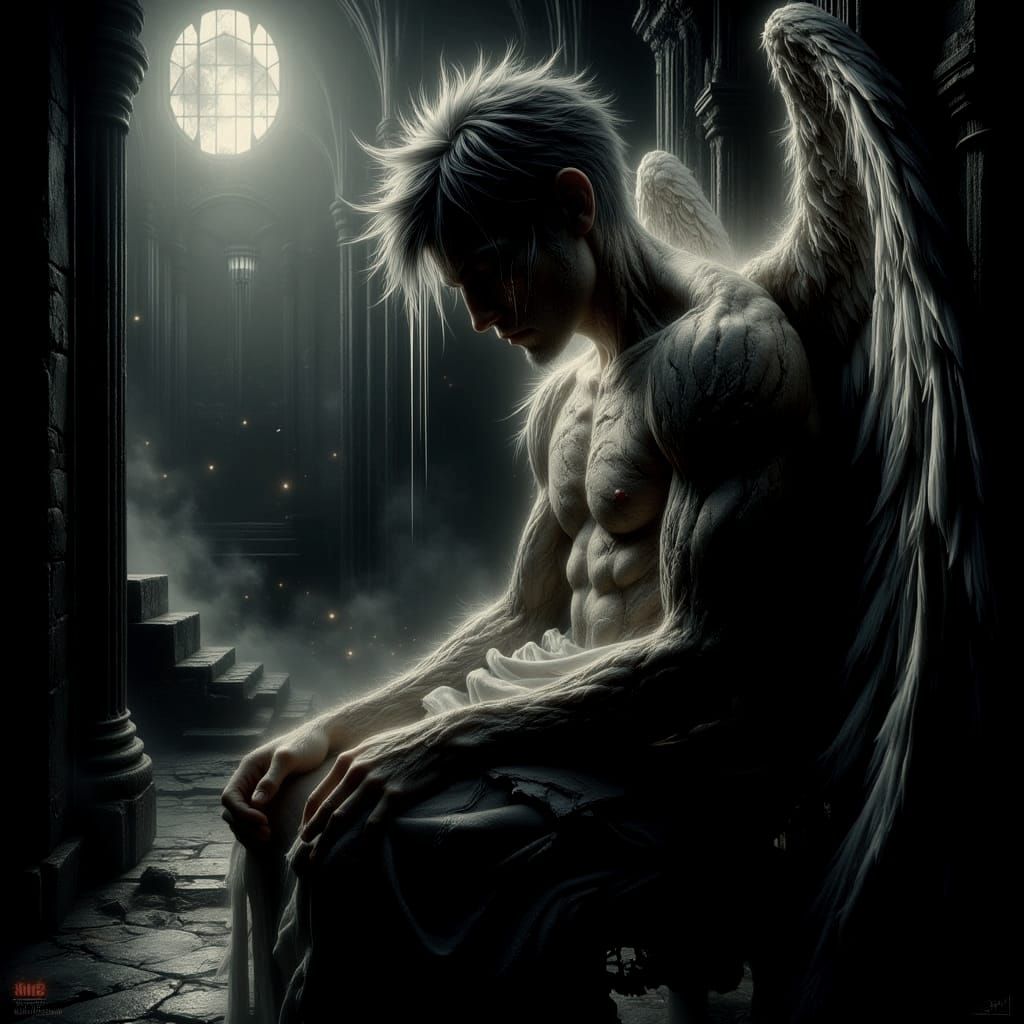 Broken Angel Weeps in Somber Chair