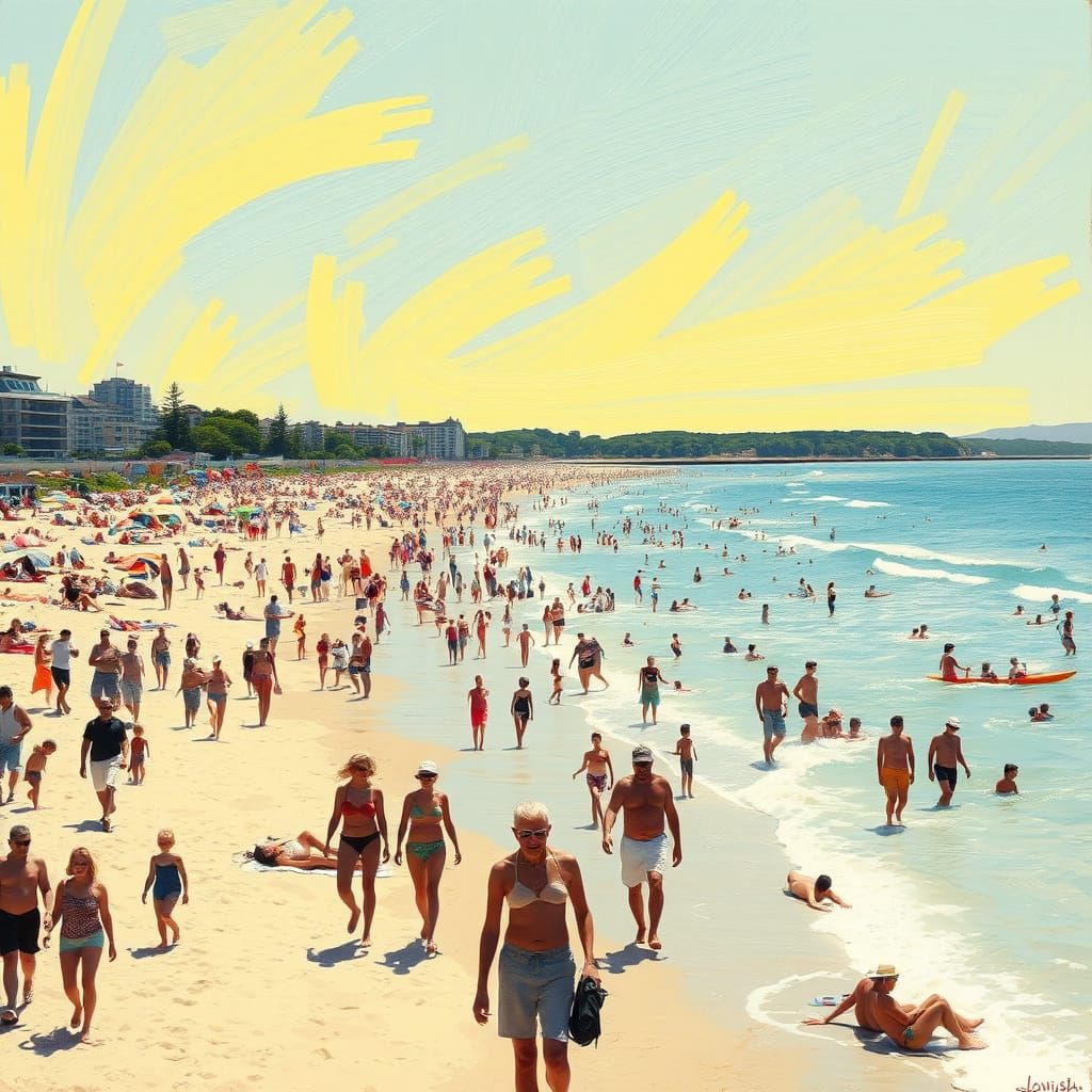 Crowded Beach Scene in David Hockney Style