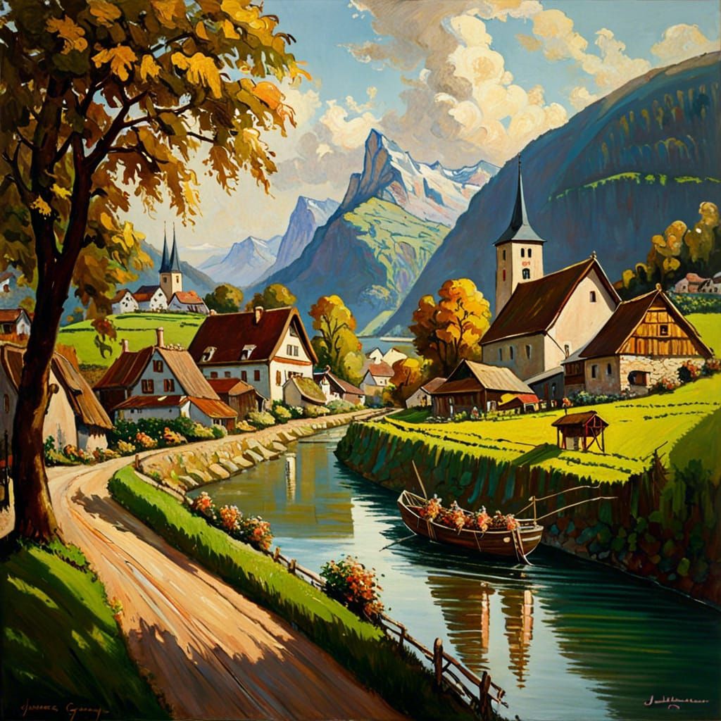 Swiss Village by the Rhine River, Oil Painting