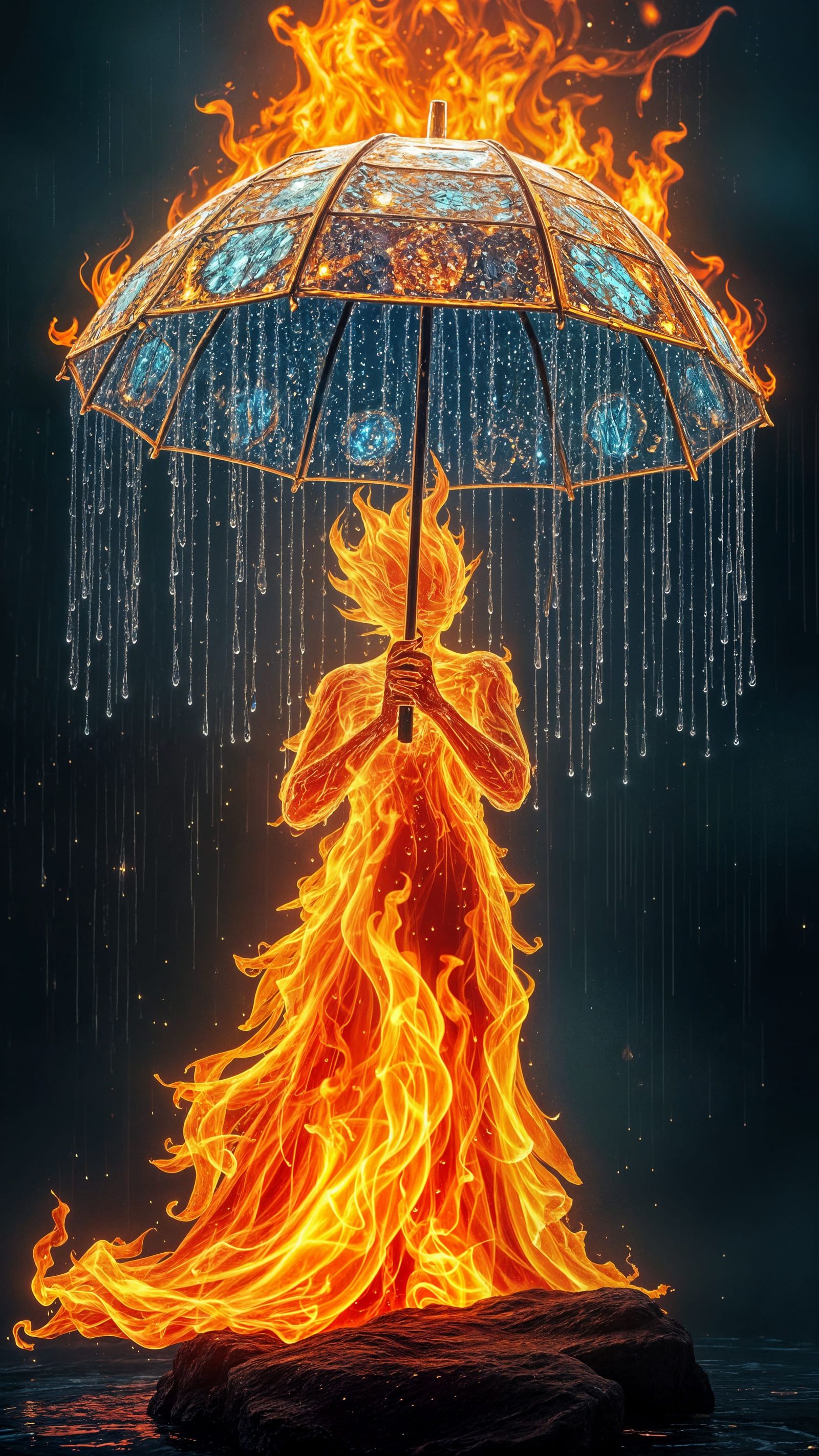 Enchanted Flame Figure with Raindrop Umbrella