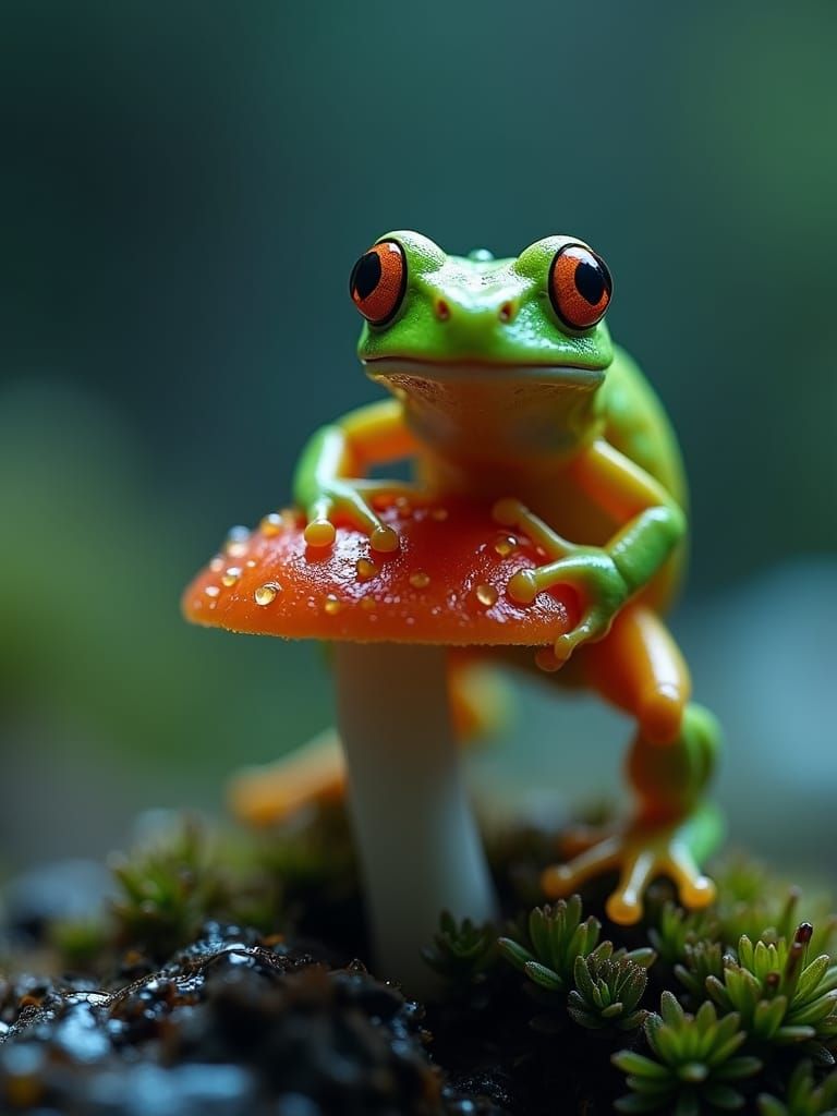 Bioluminescent Frog on Dewy Mushroom: Macro Photography