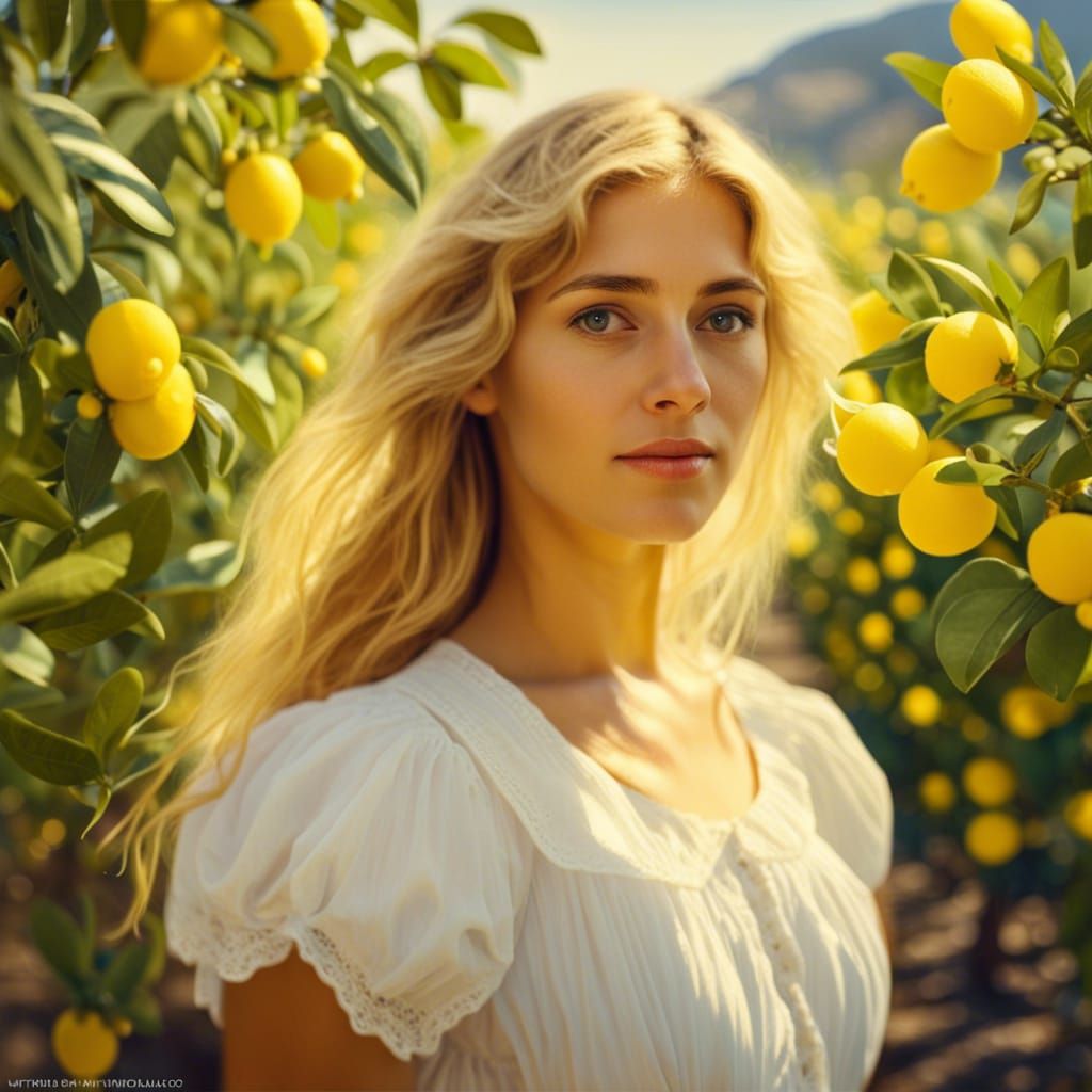 Italian Woman in Lemon Orchard, Hyper-Realistic Portrait