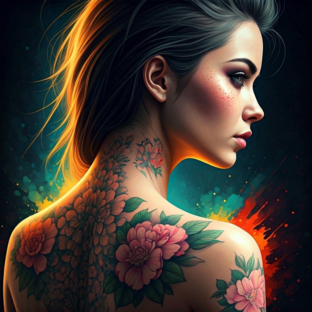 Woman With Intricate Floral Back Tattoo - Hyperrealistic Art