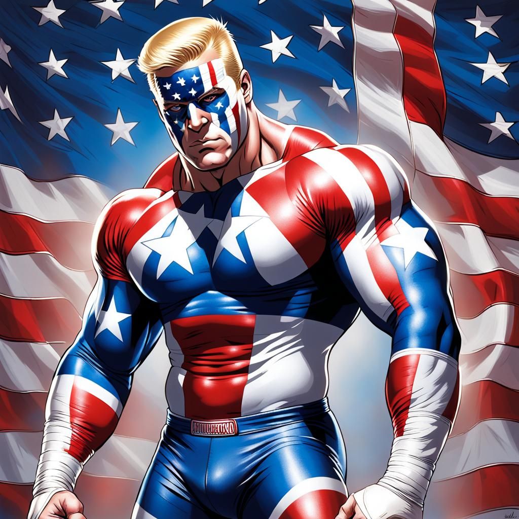 Patriotic Pro Wrestler in Comic Book Style