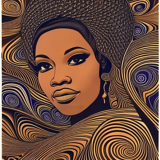 Hokusai-Style Zentangle: Sepia Ink Portrait of African Woman