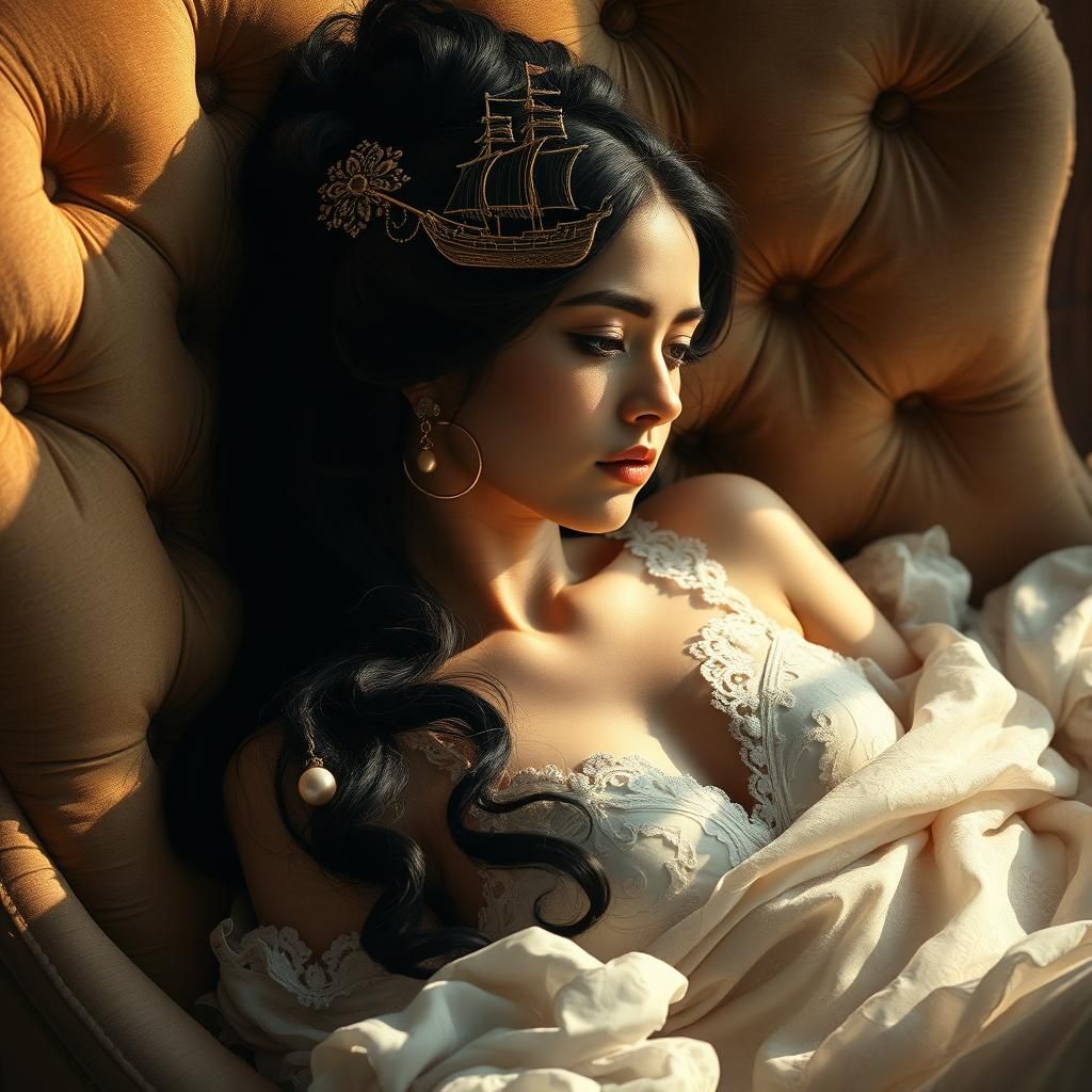 Elegant Woman in Golden Updo on Vintage Chair