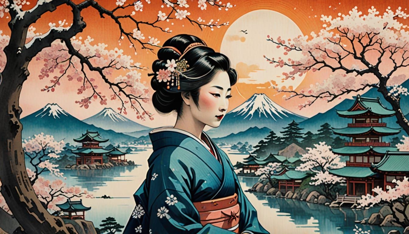Japanese Geisha Silhouette Amidst Cherry Blossoms and Tradit...