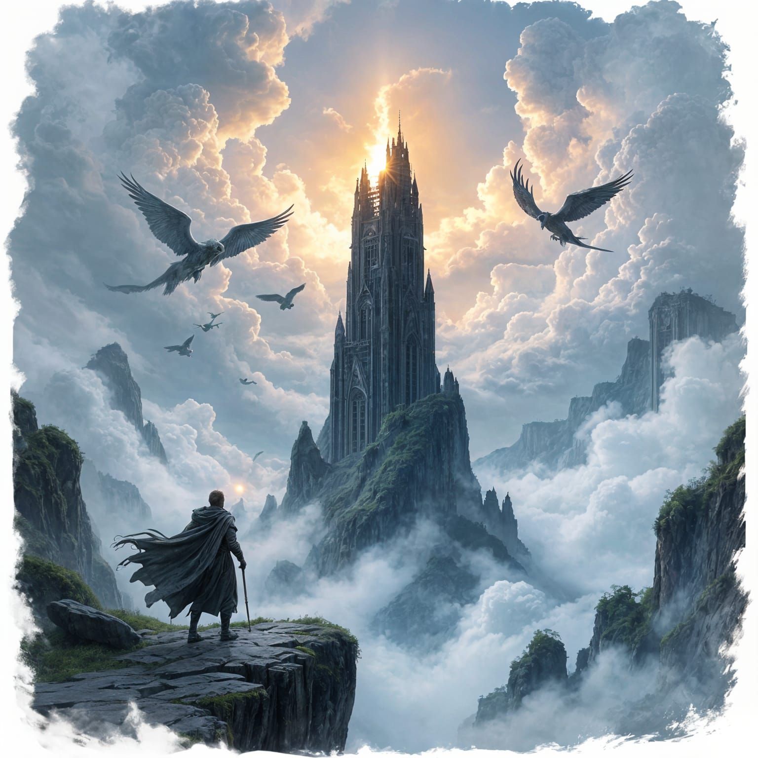 Majestic Tower Amidst Misty Ruins