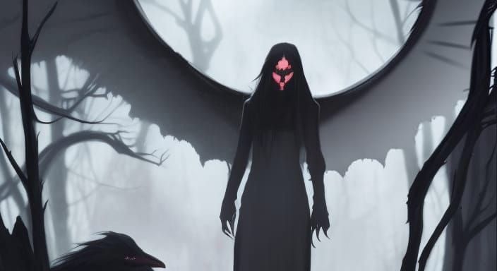 Sinister Girl with Dragon Wings in Dark Landscape