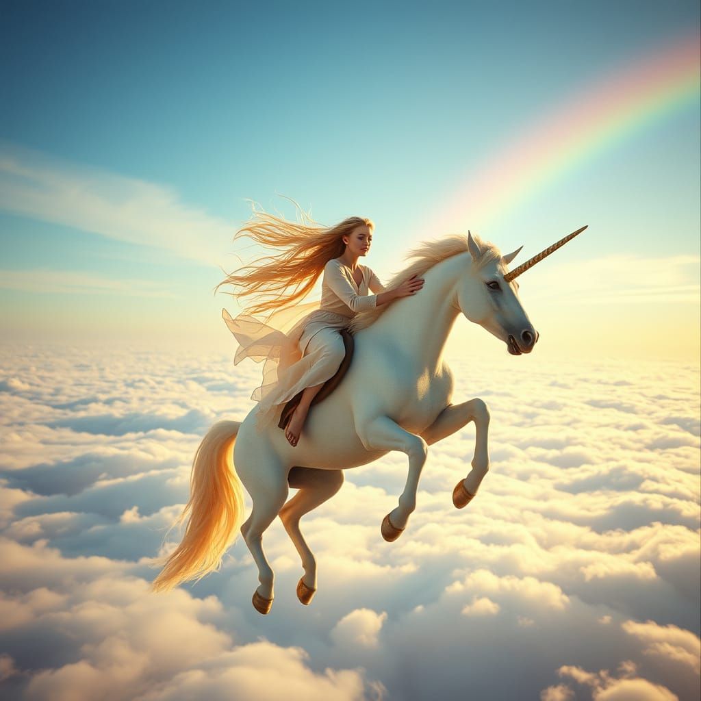 Ethereal Dreamer Soars Above the Clouds on a Majestic Unicor...
