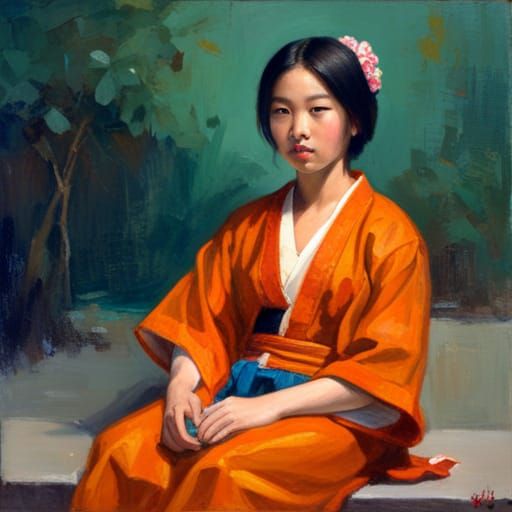 Asian Girl in Kimono: Oil Painting Portrait