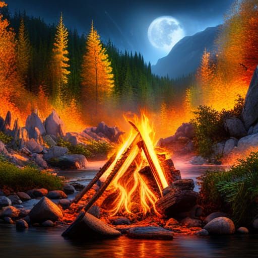 Hyperrealistic Campfire Scene with Witches in Autumn Woods