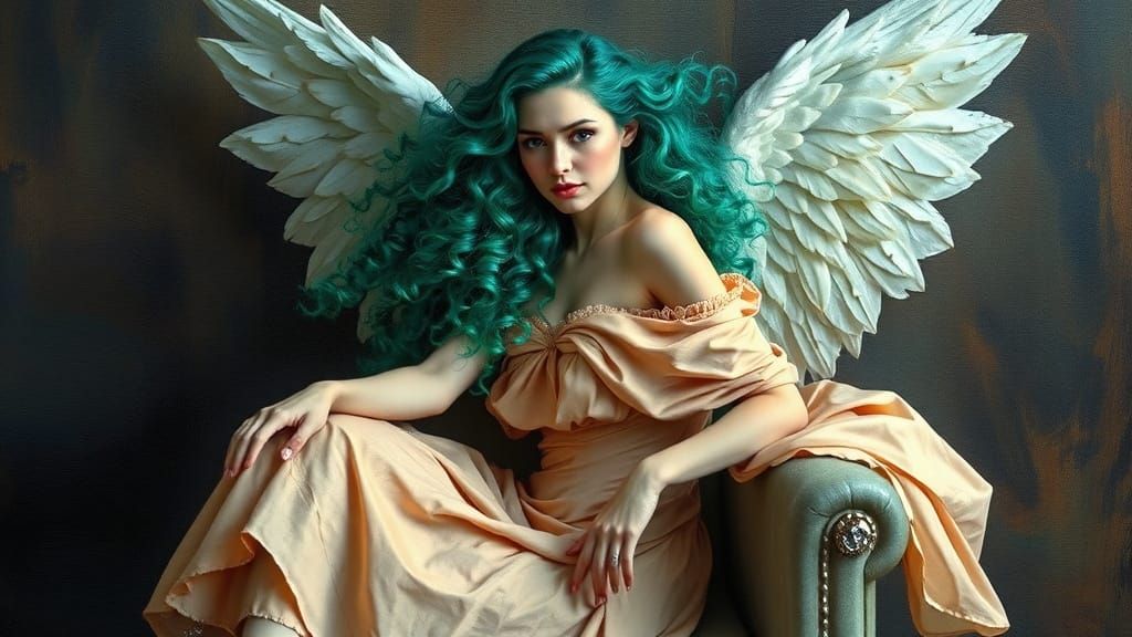 Angelic Woman with Emerald Hair on Diamond Armchair
