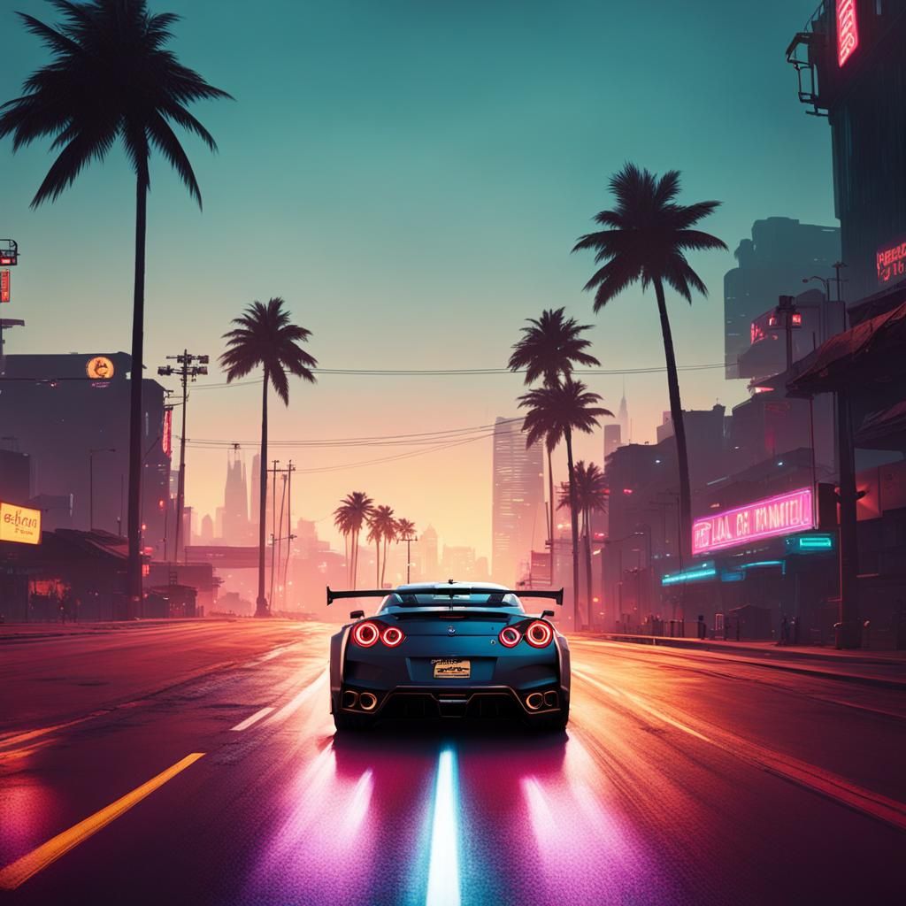Nissan GTR in Cyberpunk Miami Beach Scene