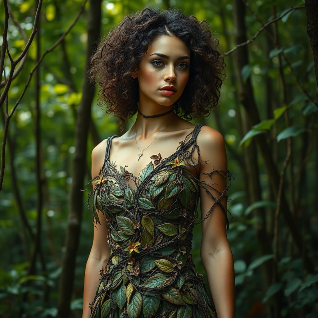 Earthy Woman in Forest: Hyperrealistic Floral Dress