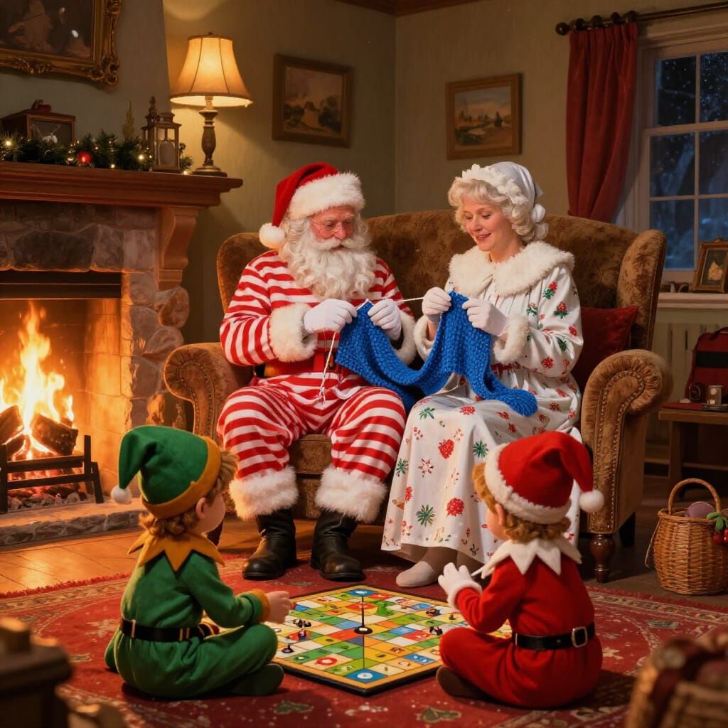 Santa Claus Relaxing by Fireplace in Cozy Pajamas