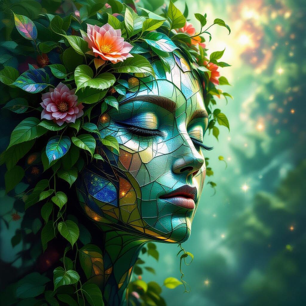 Surreal Face Formed From Glass, Plants, and Galaxies