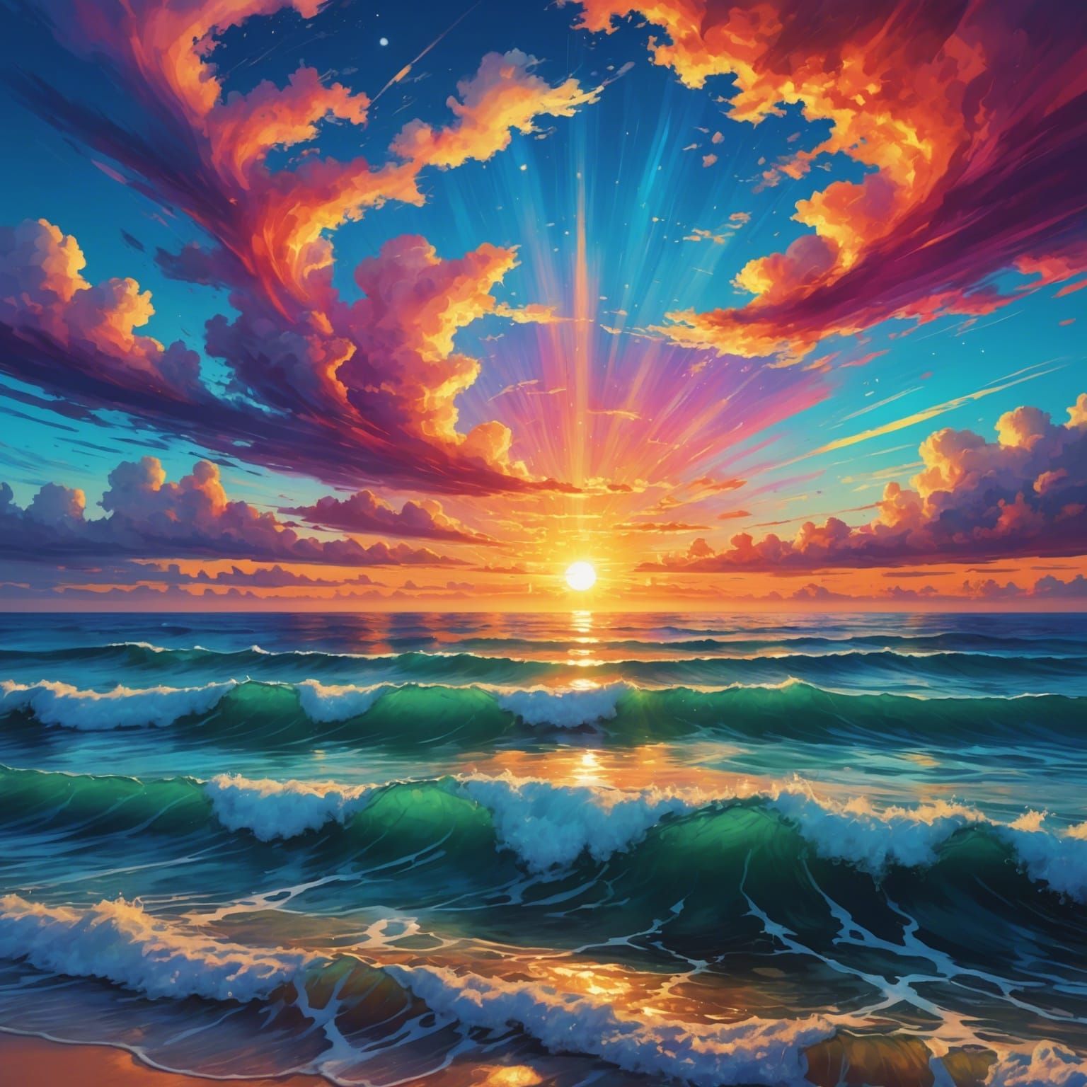 Vibrant Sunset Over Calm Sea, Holographic Illustration
