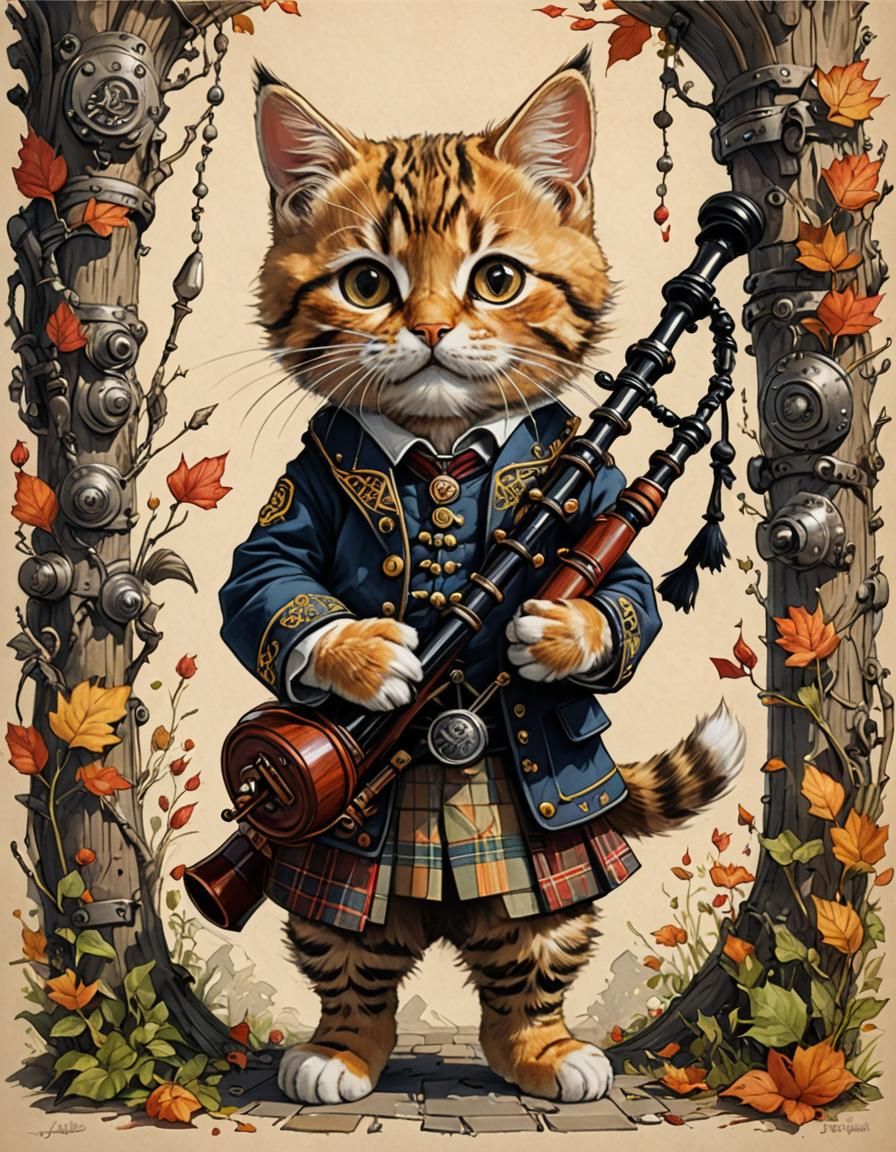 Little cat is playing the bagpipe (smallpipe)