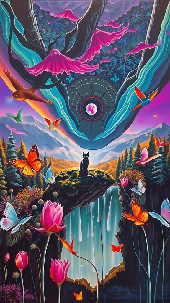 Whimsical Moonlit Feline Realm in Dreamlike Landscape