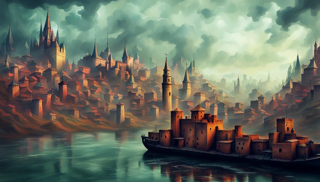 Polychromatic River Barge Passing Fortified City