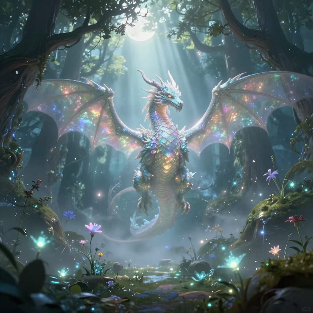 Ethereal Dragon Guards Moonlit Glade in Fantasy Art Style