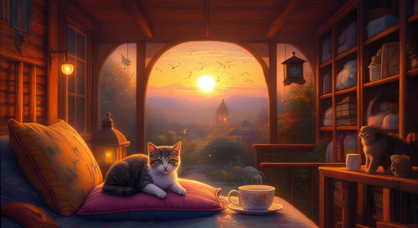 Ethereal Cat on Pillow During Golden Hour