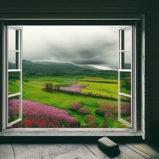 Epic Spring Flower Field Through Window, Digital Art
