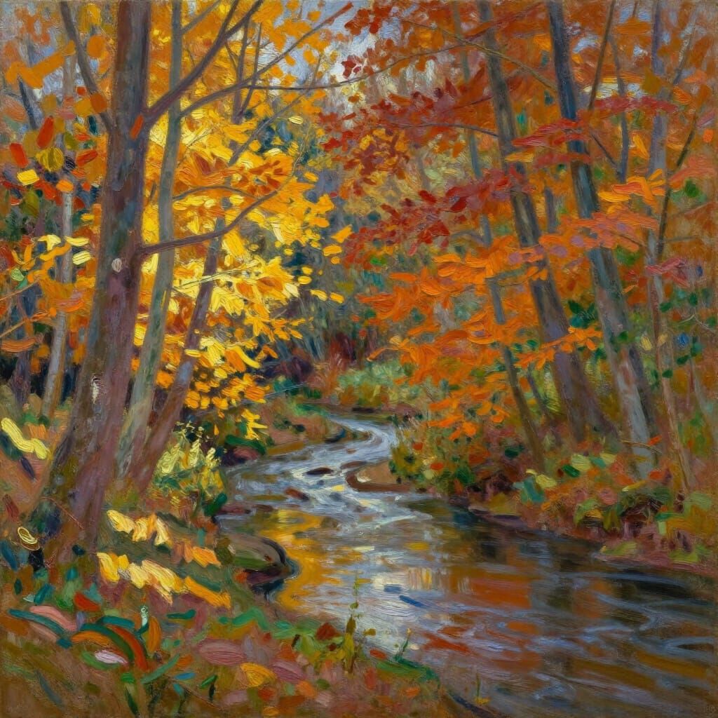 Impressionistic Autumn Forest River Scene with Vibrant Color...