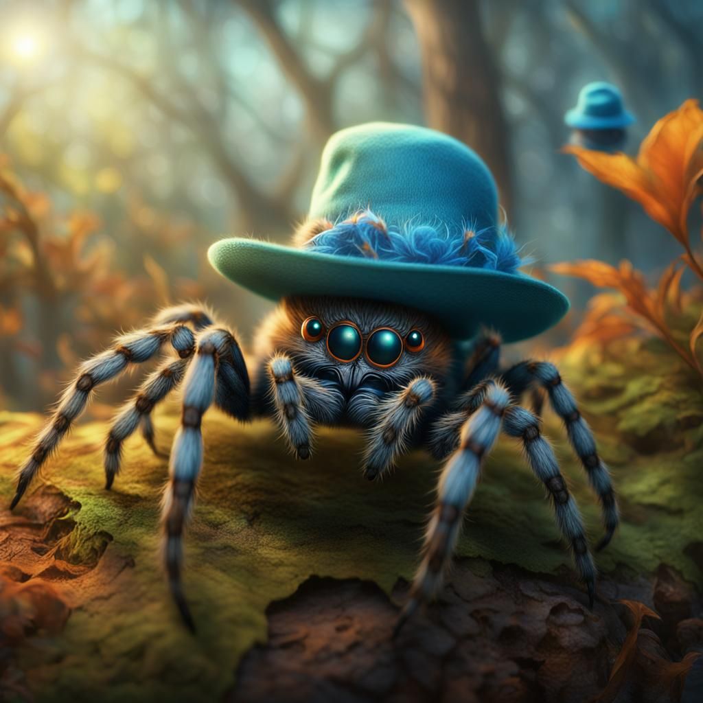 Hairy Spider in Light Blue Hat, Arthur Rackham Style