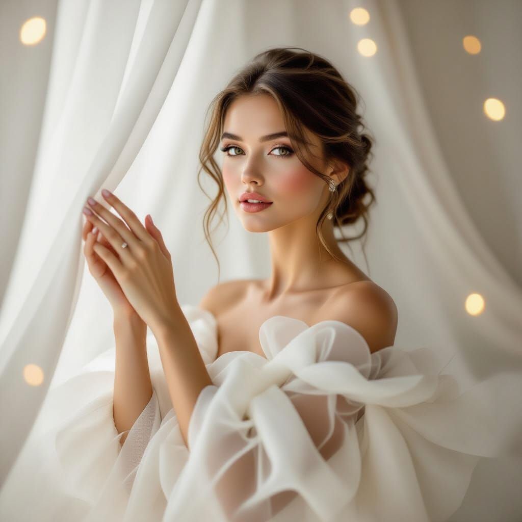 A soft, ethereal portrait photograph captures a woman styled...