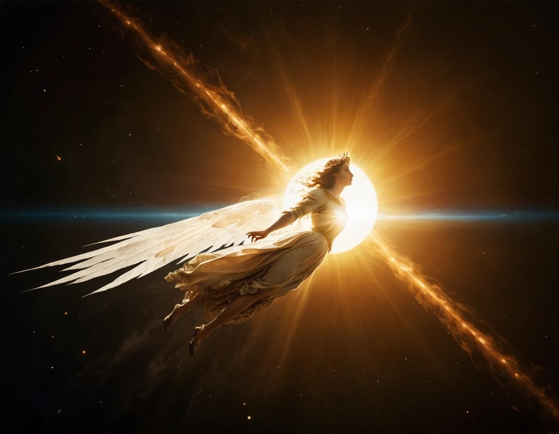 Regal Angel Soaring Through Space in Retro Sci-Fi Style