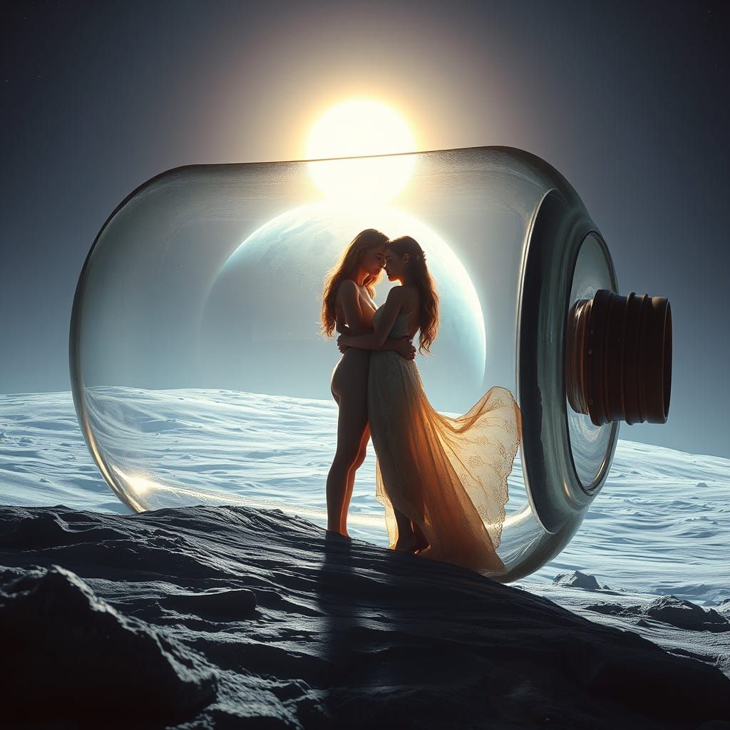 Ethereal Lunar Encounter: Two Women in a Glass Vessel