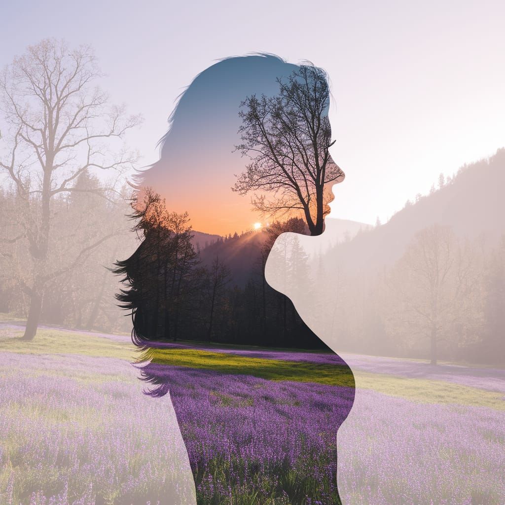 Silhouette of a Woman Walking in a Vibrant Spring Valley