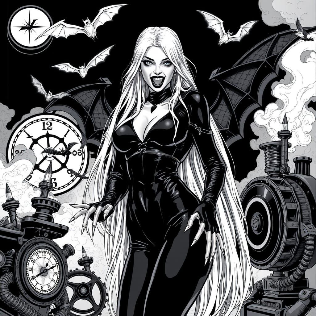 Dark Gothic Vampire in Steampunk Gear, Black and White Vecto...