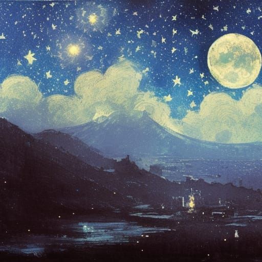 Starry Night Sky Over Town, Luminous Moon