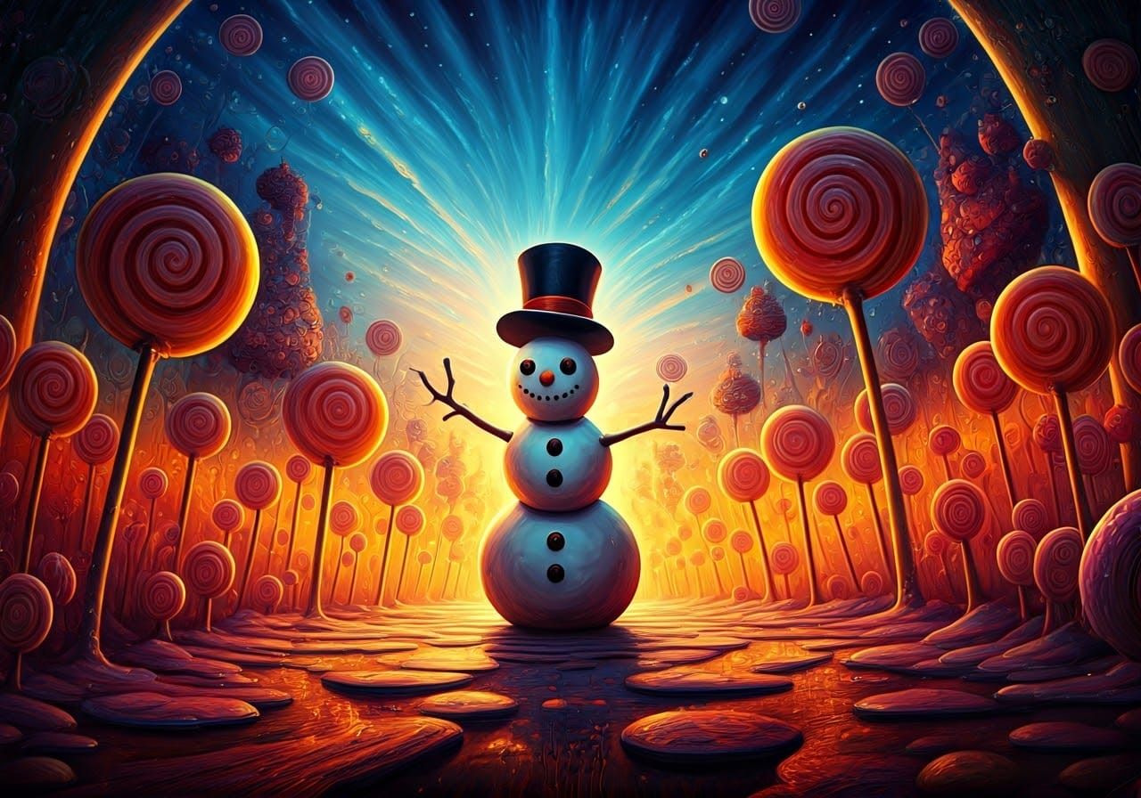 Surreal Candyland Snowman in Vibrant Digital Illustration
