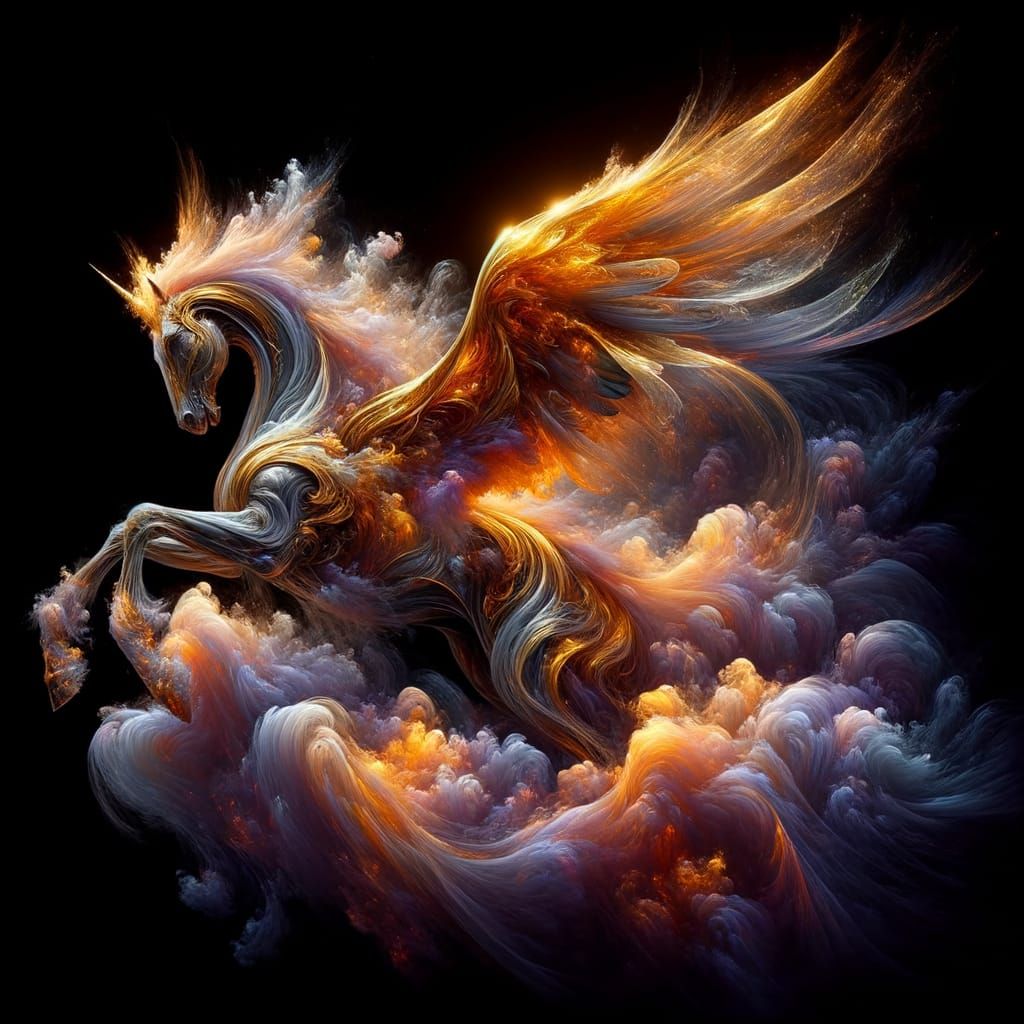 Majestic Golden-Winged Horseman in Magical Fire Aura