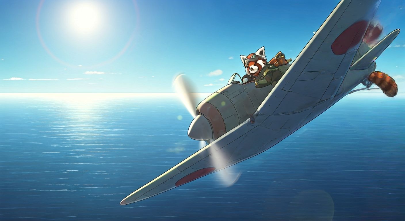 Red Panda Pilot Soars Over Sunlit Sea in Anime Style