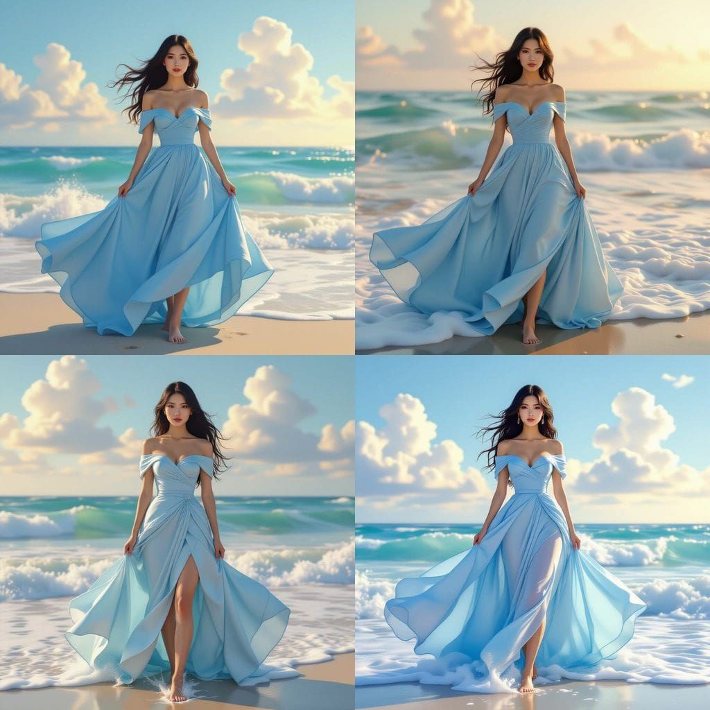 Elegant Asian Lady in Blue Gown by the Ocean