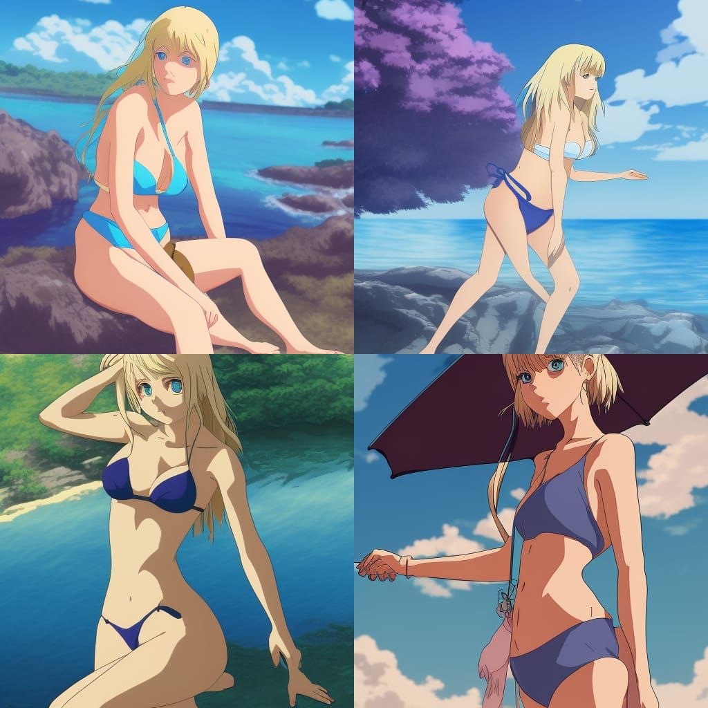 Blonde Woman in Bikini: Studio Ghibli Anime Style