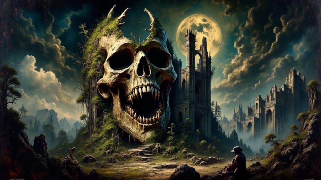 Frazetta-Inspired Skull Castle in Dark Forest