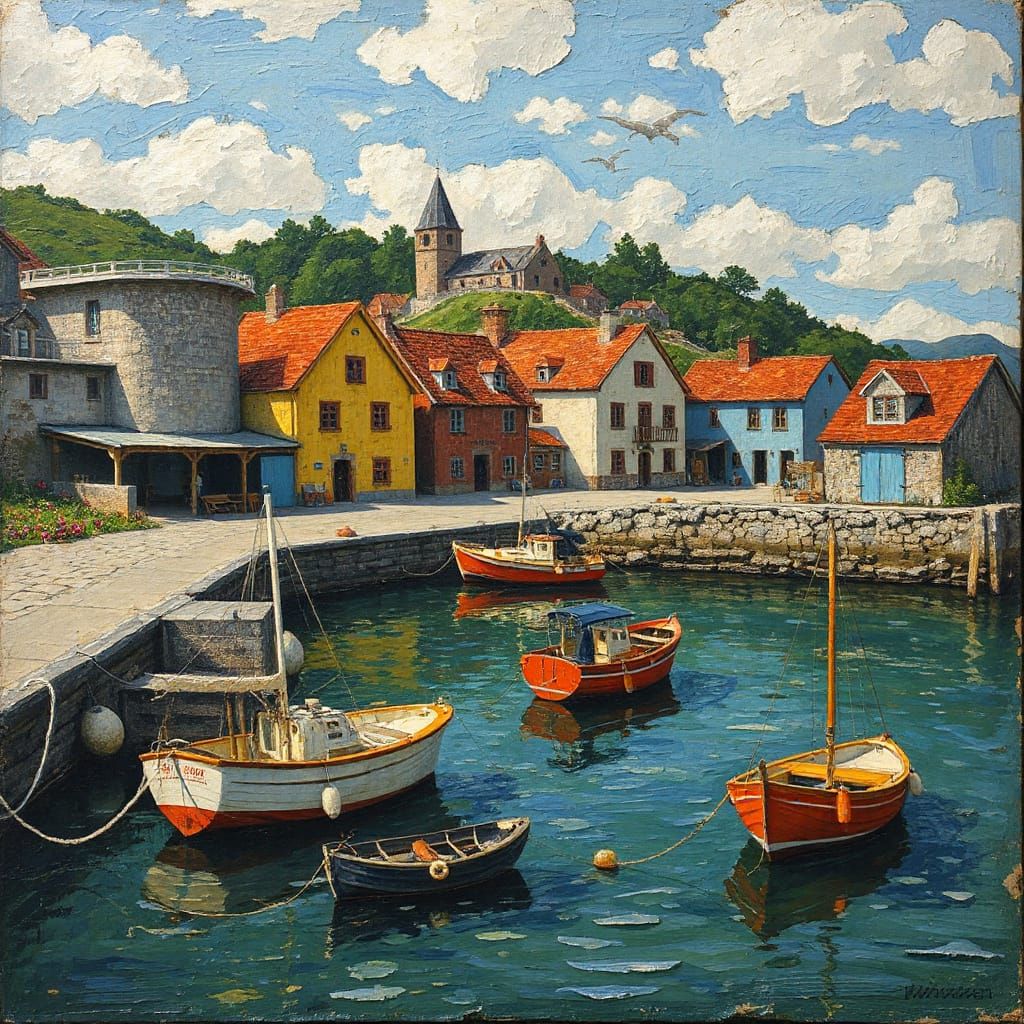 Fishing Village in Art Brut Style