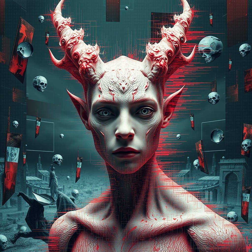 Mythical Creature Glitching in Surreal Digital Landscape