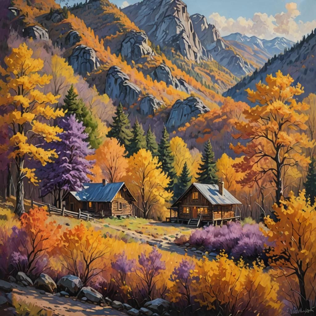 Impressionistic Cabin in Autumn Landscape
