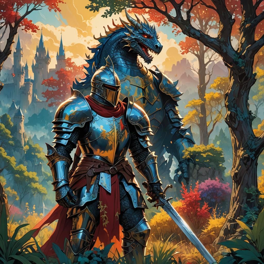 Knight and Dragon in High-Fantasy Landscape