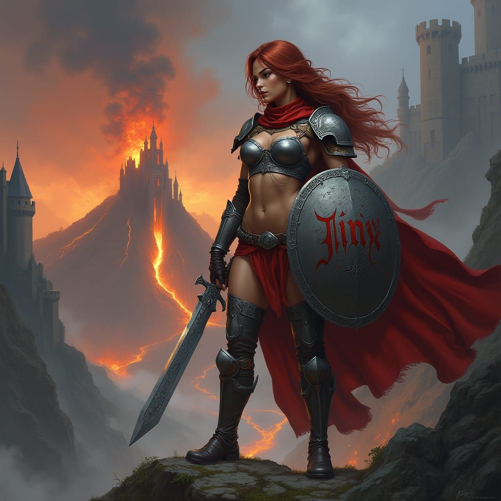 Gnomish Warrior in Metallic Armor, Sword, and Shield, atop a...