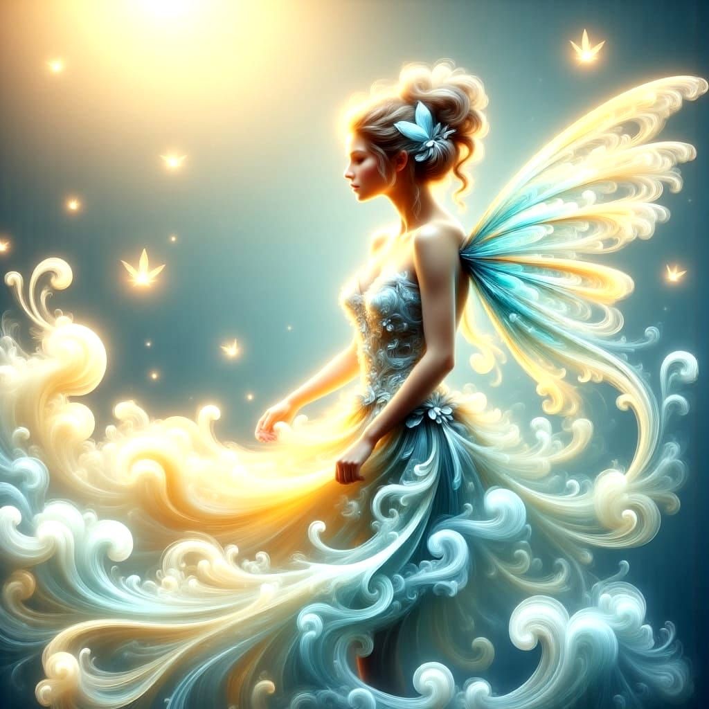 Feminine Fairy in a Snowy Meadow under a Bright Blue Sky